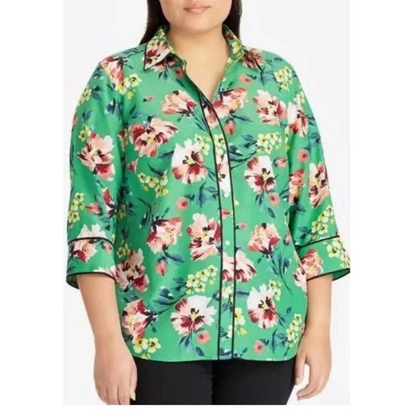 Lauren Ralph Lauren Green Floral 3/4 Sleeve Blouse Top XL Feminine! - Picture 2 of 9
